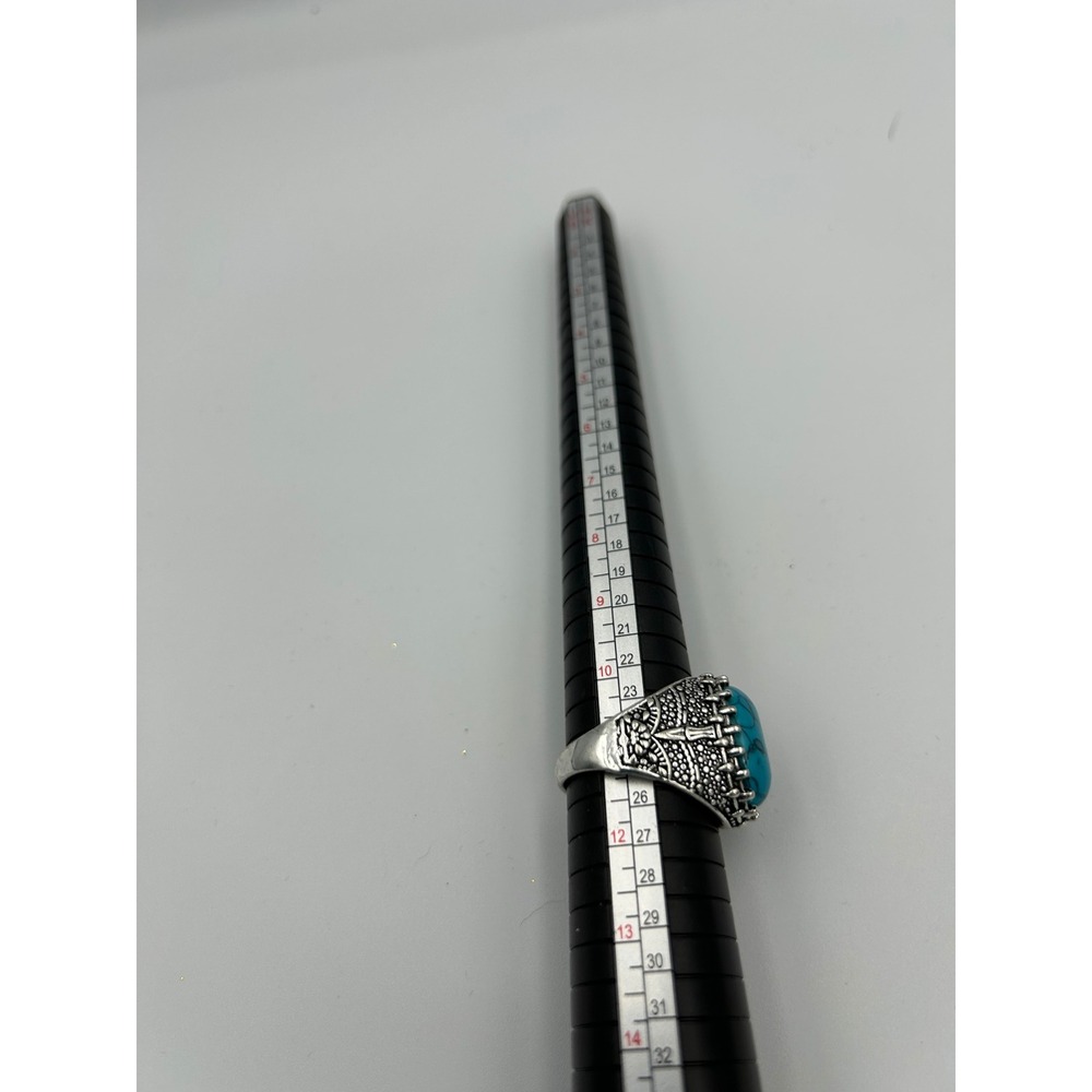NEW Statement Ring Silver Tone Turquoise Oval Stone Textured Design Size 11